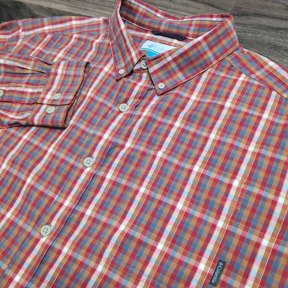 Columbia Button Down Shirt Mens Size XL Long Sleeve‎ Red Blue Orange Plaid Check